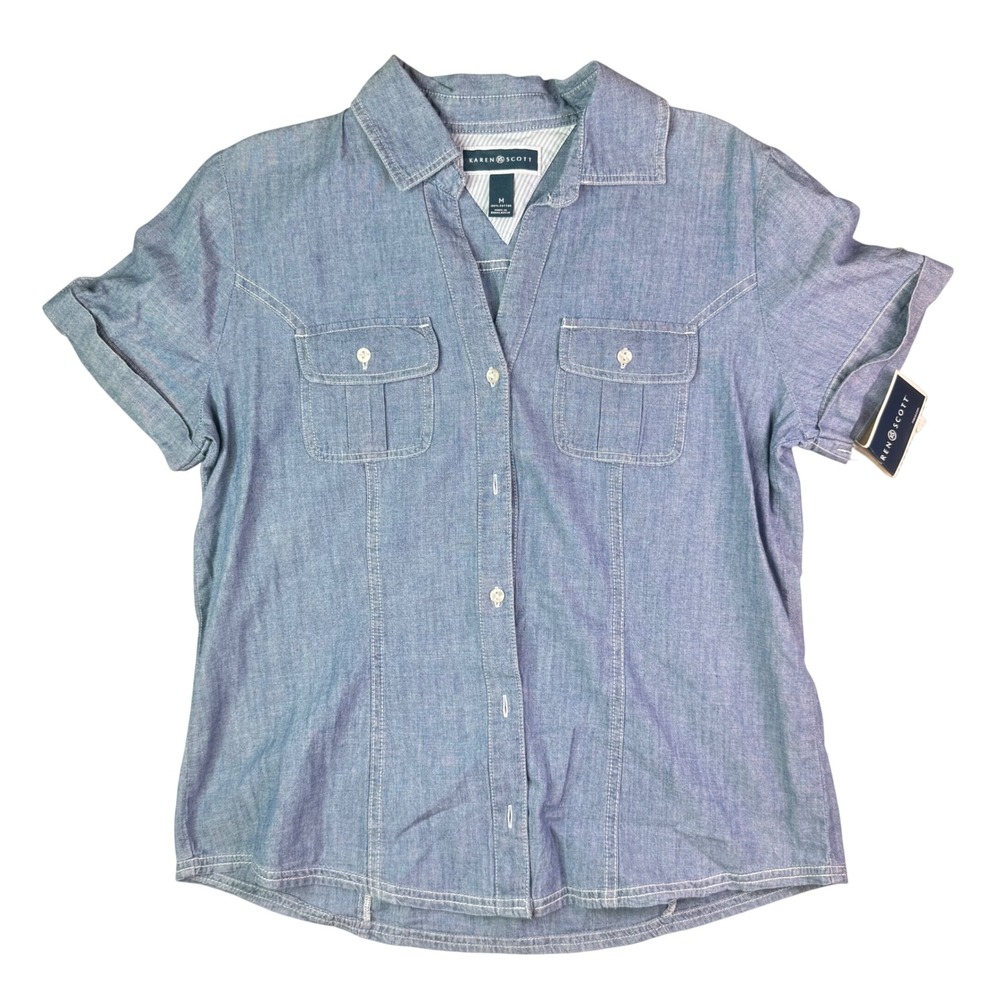 Short sleeve Chambray Shirt Women M Blue Utility Button Down layering cotton New